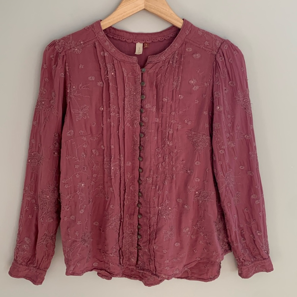 Pilcro Mauve Embroidered Button-Front Blouse
